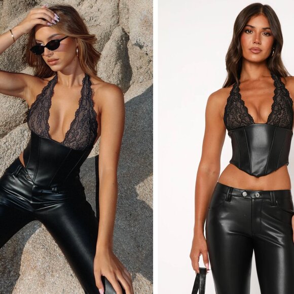 White Fox Boutique Tops - WHITEFOX BOUTIQUE Dreams And Delights PU Leather Lace Crop Top Black - Medium